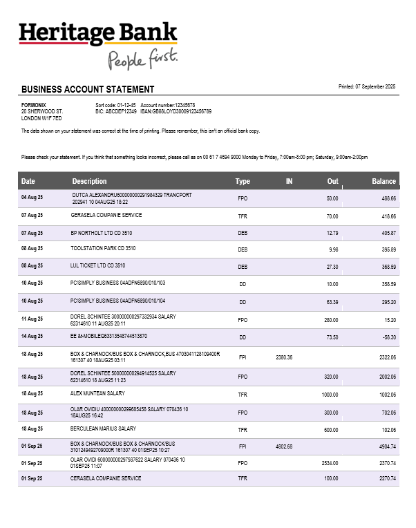 Relevé bancaire des entreprises du patrimoine Format Word et PDF
